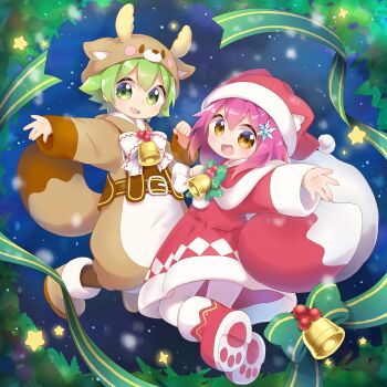 Rule 34 | 1boy, 1girl, absurdres, animal costume, animal hat, boots, botan-kun, brown eyes, christmas, fox hat, fox tail, full body, green eyes, green hair, hat, highres, looking at viewer, nipeira, original, purple hair, reindeer costume, reindeer hat, santa hat, smile, tail, yuzuwa-chan