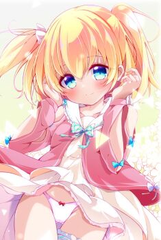 1girl blonde_hair blush breasts character_request clothes_lift dress dress_lift hair_ribbon hand_on_own_face highres legs looking_at_viewer medium_hair panties pantyshot pink_panties ribbon small_breasts smile solo thighs twintails underwear