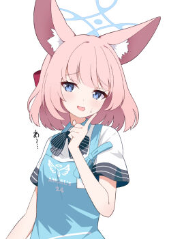 1girl :d alternate_costume angel&#039;s_24_uniform_(blue_archive) animal_ear_fluff animal_ears apron black_bow black_bowtie blue_apron blue_archive blue_eyes blue_halo blunt_bangs blush bow bowtie clothes_writing commentary fox_ears fox_girl furrowed_brow halo hand_up highres index_finger_raised looking_at_viewer medium_hair niko_(blue_archive) open_mouth pink_hair shirt short_sleeves simple_background smile solo sweatdrop translated upper_body white_background white_shirt zundamochi_(sera)