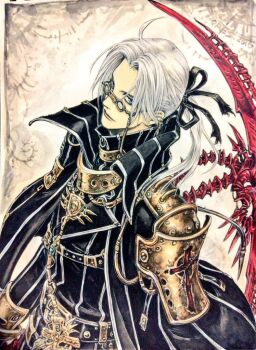 1boy abel_nightroad armor black_cloak black_ribbon blue_eyes cloak cross glasses gold_armor latin_cross looking_at_viewer non-web_source priest ribbon scythe shibamoto_thores trinity_blood white_hair