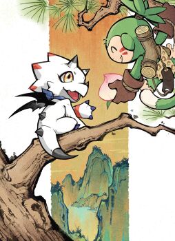 61_(dt61rh) black_wings brown_gloves closed_eyes colored_skin digimon digimon_card_game facial_mark fang food from_behind gammamon gloves green_fur highres horns in_tree ink_wash_painting koemon monkey sitting sitting_in_tree slingshot_(weapon) smile tree triceratops whisker_markings white_skin wings yellow_eyes