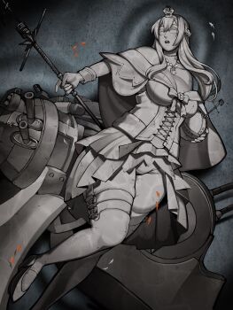 Rule 34 | 1girl, bare shoulders, breasts, colored eyelashes, colored sclera, colored skin, cracked skin, crown, dutch angle, exhatomi, feet out of frame, figure four standing, fish, grey hair, grey sclera, grey skin, groin, highres, holding, kantai collection, no irises, no pupils, open mouth, petrification, pupiless eyes, solid eyes, solo, statue, teeth, transformation, upper teeth only, warspite (kancolle)