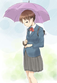 1girl backpack bag bag_charm blazer bow brown_eyes brown_hair charm_(object) grey_skirt highres holding holding_umbrella jacket long_sleeves mutou_youshun original outdoors pink_umbrella pleated_skirt pregnant rain red_bow school_uniform short_hair skirt smile solo standing umbrella