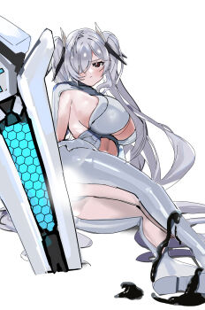 1girl armpit_cutout ass bodysuit breasts cinderella_(nikke) clothing_cutout goddess_of_victory:_nikke grey_bodysuit grey_hair hair_ornament hair_over_one_eye highres large_breasts leg_cutout massivedoontwei one_eye_covered red_eyes shield simple_background solo twintails white_background