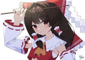 Rule 34 | 1girl, armpit crease, ascot, bow, brown hair, chest sarashi, commentary request, detached sleeves, frills, gohei, hair bow, hair tubes, hakurei reimu, highres, holding, holding gohei, long hair, oonusa, punidayo, red bow, red eyes, ribbon, sarashi, short hair, signature, solo, touhou, white background, wide sleeves, yellow ascot
