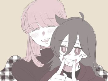 Rule 34 | 2girls, bags under eyes, black hair, blonde hair, blunt bangs, blush, commentary request, couple, heads together, highres, jacket, katou asuka, kuroki tomoko, long hair, looking at viewer, mojyo, multiple girls, open mouth, smile, toll shi, watashi ga motenai no wa dou kangaetemo omaera ga warui!, yuri