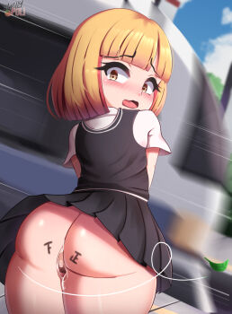 1girl aftersex artist_request ass bandaid blush body_writing bunalonne cum cum_in_ass cumdrip embarrassed female_focus flat_chest highres loli looking_at_viewer looking_back no_panties outdoors plump school_uniform short_hair solo standing tally thighs upskirt wind wind_lift