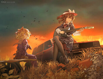 2girls bird black_capelet black_hat black_shoes blonde_hair bow brown_hair brown_pantyhose capelet car chinese_commentary cloud cloudy_sky commentary_request dated dress electric_guitar furahata_gen grin guitar hair_bow hat hat_bow highres instrument loafers long_sleeves maribel_hearn mob_cap motor_vehicle multiple_girls music outdoors pantyhose playing_guitar playing_instrument purple_dress purple_eyes red_eyes ribbon-trimmed_capelet ribbon-trimmed_skirt ribbon_trim shoes sitting sky smile touhou usami_renko white_bow white_hat