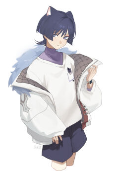 1boy 69pou animal_ear_fluff animal_ears arm_at_side artist_name black_hair black_shorts blunt_ends breast_pocket casual cat_boy cat_ears closed_mouth contemporary cropped_legs eyelashes eyeliner eyeshadow fingernails fur_collar genshin_impact hand_up highres jacket layered_shirt layered_sleeves long_sleeves looking_at_viewer makeup male_focus multicolored_hair official_alternate_costume open_clothes open_jacket pocket purple_eyes purple_hair purple_shirt purple_sleeves red_eyeliner red_eyeshadow scaramouche_(cat)_(genshin_impact) scaramouche_(genshin_impact) shirt shorts smile solo streaked_hair tsurime turtleneck turtleneck_shirt undershirt v-neck wanderer_(fairy_tale_cat)_(genshin_impact) wanderer_(genshin_impact) watch white_background white_jacket white_shirt white_sleeves wispy_bangs wristwatch