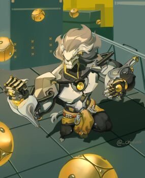 1boy artist_name banyue_(zenless_zone_zero) claws clenched_hand clothes_around_waist commentary dodongchives english_commentary facing_to_the_side floating_ball from_above grey_hair highres jacket jacket_around_waist male_focus robot_boy zenless_zone_zero