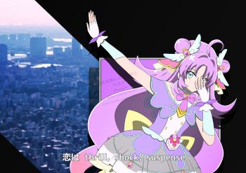 Rule 34 | capelet, city, commentary request, cure answer, dancing, evdaytkt, fingerless gloves, gloves, highres, koi wa thrill shock suspense, lyrics, meitantei conan, meitantei precure!, pact holder, parody, purple hair