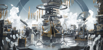 1girl absurdres animal_ear_fluff animal_ears arm_up black_ribbon black_sailor_collar black_shoes black_skirt breasts cable cat_ears closed_eyes closed_mouth cloud cloudy_sky commentary_request conductor_baton facing_viewer floating floating_object hand_up highres holding jacket long_sleeves machine neck_ribbon orange_trim original pleated_skirt ribbon ripples rotarran sailor_collar satellite_dish scenery shirt shoes short_hair skirt sky small_breasts socks solo standing tiptoes white_jacket white_shirt white_socks wide_shot wide_sleeves