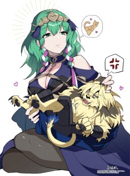 1boy 1girl anger_vein animal_ears braid breasts cat cleavage cosplay dimitri_alexandre_blaiddyd dimitri_alexandre_blaiddyd_(blue_lion) dress female_byleth_(awakened)_(fire_emblem) female_byleth_(fire_emblem) female_byleth_(sothis_regalia)_(fire_emblem) fire_emblem fire_emblem:_three_houses fire_emblem_shadows furry furry_male furry_with_non-furry green_eyes green_hair hair_ribbon heart interspecies large_breasts lion_boy lion_ears long_hair nintendo ribbon ribbon_braid simple_background sitting solo_focus sothis_(fire_emblem) sothis_(fire_emblem)_(cosplay) spoken_anger_vein spoken_animal twin_braids white_background yomos_gara