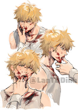 1boy 1other blonde_hair blood blood_on_clothes blood_on_face chainsaw_man collarbone commentary denji_(chainsaw_man) english_commentary finger_to_another&#039;s_mouth lan_dinh_thi_dieu multiple_views sharp_teeth simple_background tank_top teeth tongue tongue_out twitter_username white_background white_tank_top yellow_eyes