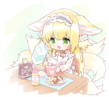 1girl alternate_costume animal_ears apron arknights blonde_hair blue_hairband commentary_request cookie cup drink_carton food fox_ears fox_girl fox_tail frilled_hairband frills green_eyes hairband honey hot_chocolate kitsune kyuubi long_sleeves milk_carton multiple_tails neck_ribbon open_mouth pink_apron puffy_long_sleeves puffy_sleeves ribbon solo suzuran_(arknights) tail takamura_masaya