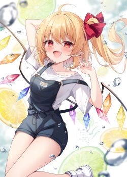1girl :d absurdres ahoge alternate_costume arm_behind_head arm_up black_overalls bow circle_name collarbone commentary_request copyright_name cowboy_shot fang flandre_scarlet food fruit hair_bow highres lemon lemon_slice lime_(fruit) lime_slice miy@ one_side_up open_mouth overalls pointy_hair red_bow red_eyes shirt shoes short_sleeves smile socks solo standing standing_on_one_leg suspenders suspenders_slip touhou water_drop watermark white_background white_shirt white_shoes white_socks wings