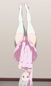 1girl blush breasts cleavage coro_fae detached_collar detached_sleeves dress emilia_(re:zero) handstand highres long_hair long_sleeves looking_at_viewer lycoris_challenge_(meme) lycoris_recoil medium_breasts meme open_mouth parody pink_dress pink_footwear pointy_ears purple_eyes re:zero_kara_hajimeru_isekai_seikatsu scene_reference skindentation thick_thighs thighhighs thighs upside-down white_hair white_thighhighs