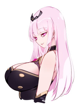 1girl bare_shoulders black_dress black_tiara breasts bright_pupils buttons cleavage commentary dress eyelashes from_side gem gold_trim hair_between_eyes highres hololive hololive_english huge_breasts jewelry long_hair looking_at_viewer mori_calliope open_mouth pendant pink_eyes pink_gemstone pink_hair raptor7 sidelocks simple_background sleeveless sleeveless_dress smile solo symbol-only_commentary tiara upper_body virtual_youtuber white_background white_pupils