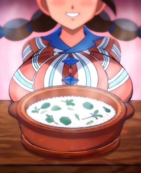 Rule 34 | 1girl, black hair, bowl, breast rest, breasts, breasts on table, candice (palentine's 2024) (pokemon), candice (pokemon), cropped, food, large breasts, long hair, multi-tied hair, nintendo, pokemon, pokemon masters ex, rice bowl, table, teeth, tekken papiyon, wooden table