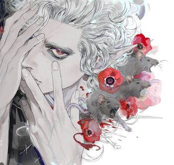 1boy absurdres astarion bags_under_eyes baldur's_gate baldur's_gate_3 blood blood_on_flower bone covering_one_eye covering_own_mouth curly_hair dungeons_&amp;_dragons flower growling hair_slicked_back hand_over_eye hand_over_own_mouth hands_on_own_face highres looking_at_viewer male_focus mouse_(animal) one_eye_covered pale_skin pointy_ears poppy_(flower) red_eyes sharp_teeth short_hair sialyxz surreal symbolism teeth vampire veins veiny_arms white_hair