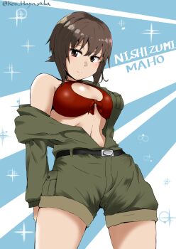 Rule 34 | 1girl, belt, bikini, bikini top only, black belt, blush, breasts, brown eyes, brown hair, eyes visible through hair, from below, front-tie bikini top, front-tie top, girls und panzer, green jumpsuit, hair between eyes, highres, jacket, jumpsuit, ken hayasaka, large breasts, military, military jacket, nishizumi maho, official alternate costume, pixiv username, red bikini, short hair, solo, swimsuit, twitter username