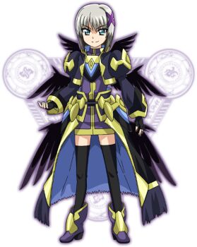 angel_wings armor black_jacket gold_armor green_eyes grey_hair hair_ornament jacket long_skirt lyrical_nanoha magic_circle_background mahou_shoujo_lyrical_nanoha mahou_shoujo_lyrical_nanoha_a's mahou_shoujo_lyrical_nanoha_a's_portable:_the_gears_of_destiny mahou_shoujo_lyrical_nanoha_reflection skirt wings