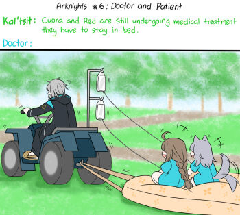 +++ 1boy 2girls afterimage ahoge animal_ears arknights artist_self-insert black_jacket black_pants blue_dress braid brown_hair commentary cuora_(arknights) day doctor_(arknights) dress driving english_commentary english_text facing_away grey_hair guin_guin hood hood_down hooded_jacket intravenous_drip jacket long_hair male_doctor_(arknights) mattress multiple_girls outdoors pants projekt_red_(arknights) short_sleeves sitting tail tail_wagging tree very_long_hair wolf_ears wolf_girl wolf_tail