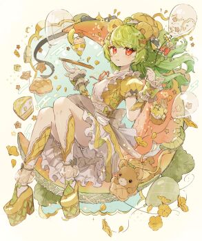 1girl :3 ahoge animal animal_ears apron bear bear_ears bear_girl bloomers blush closed_mouth commentary cup dress drinking_glass food frilled_dress frilled_gloves frills fruit full_body gloves green_hair highres kneehighs long_hair looking_at_viewer melon original parfait platform_shoes red_eyes shoes short_sleeves socks solo symbol-only_commentary tsukumi_bis underwear white_apron white_bloomers white_gloves yellow_dress yellow_shoes yellow_socks