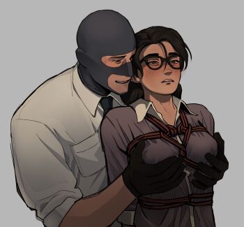 1boy 1girl balaclava behind_another black-framed_eyewear black_gloves black_hair blu_spy_(tf2) blue_mask blush breast_pocket breasts collared_shirt glasses gloves grabbing_another's_breast grabbing_from_behind grey_background groping hetero highres mask medium_breasts miss_pauling necktie oblique-lane pocket purple_shirt rope shibari shirt short_hair simple_background spy_(tf2) team_fortress_2 upper_body white_shirt