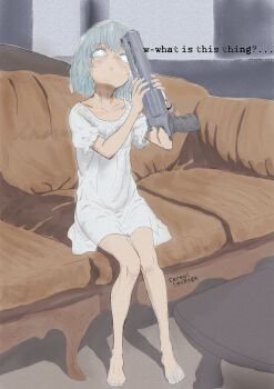 1girl absurdres artist_name barefoot blue_eyes closed_mouth collarbone couch dated dress emily_(resident_evil) english_text expressionless full_body grey_hair gun handgun highres holding holding_gun holding_weapon indoors lechuga_cereal looking_up nightgown on_couch resident_evil resident_evil_requiem revolver rsh-12 short_hair short_sleeves sitting solo table weapon white_dress white_eyes window