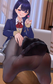 1girl :q black_pantyhose blue_eyes blue_hair blue_jacket blunt_bangs blurry blurry_background blush brown_sweater candy chair collared_shirt commission curtains feet feet_on_table feet_up fine_fabric_emphasis fingernails food foot_focus grey_skirt hand_on_own_knee highres holding holding_candy holding_food holding_lollipop indoors jacket light_particles lollipop long_hair long_sleeves looking_at_viewer miru_tights mole mole_on_neck mole_under_eye nakabeni_yua no_shoes on_chair pantyhose pixiv_commission qizhu school_uniform shirt sitting skirt sleeves_past_wrists smile soles solo sweater toe_seam toes tongue tongue_out white_shirt window