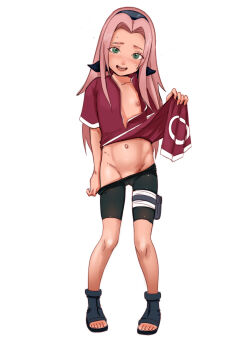 1girl absurdres aged_down bike_shorts black_shorts blue_hairband blush cameltoe clothes_lift clothes_pull collarbone dress dress_lift embarrassed female_focus flashing flat_chest forehead_protector full_body green_eyes groin hairband haruno_sakura highres holster jnsdh konohagakure_symbol legs_apart lifting_own_clothes lips loli long_hair naruto_(classic) naruto_(series) navel nipple_slip nipples open_mouth parted_bangs pink_hair pulling_own_clothes red_dress sandals short_sleeves shorts shorts_pull simple_background smile solo standing straight-on sweat teeth thigh_holster toeless_legwear toes tongue upper_teeth_only white_background