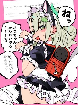 1boy 1girl absurdres andii_(anzai_teachco) animal_ear_hairband animal_ears ass black_dress blush cat_ear_hairband cat_ears commentary_request dress ear_blush fake_animal_ears fang frilled_dress frilled_sleeves frills from_behind green_eyes green_hair hair_ornament hairband hairpin heart heart_hair_ornament highres loli looking_at_viewer looking_back maid maid_headdress multiple_hairpins official_alternate_costume open_mouth paw_pose pink_background ponytail red_bag sitting speech_bubble sunna_(afternoon_tea_break)_(zenless_zone_zero) sunna_(zenless_zone_zero) sweatdrop translation_request wariza white_wings winged_bag wings zenless_zone_zero