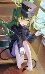 Rule 34 | 1girl, absurdres, black hat, black jacket, black tail, blue archive, blush, demon tail, doodle sensei (blue archive), fang, green hair, green halo, hair between eyes, halo, hat, highlander twintails conductor (blue archive), highres, jacket, long hair, long sleeves, open mouth, pantyhose, peaked cap, pointy ears, sensei (blue archive), sitting, skin fang, smile, soles, solo, tablet pc, tail, toes, twintails, white pantyhose, yellow eyes, yuhezi