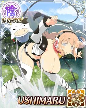 1girl :o animal_print bell bent_over bikini black_shorts border breasts bright_pupils bucket card_(medium) character_name collar cow cow_print cow_print_jacket cow_tail cowbell day eyepatch_bikini game_cg grass grey_eyes hair_ribbon hanging_breasts headphones holding holding_whip huge_breasts jacket looking_at_viewer medium_hair midriff mountain neck_bell official_art open_clothes open_jacket orange_hair outdoors print_chaps print_jacket red_collar ribbon river senran_kagura senran_kagura_new_wave short_twintails shorts skindentation solo splashing swimsuit tail third-party_source twintails ushimaru_(senran_kagura) ushiwakamaru_(senran_kagura) wading water white_pupils white_ribbon