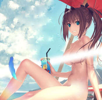 aozaki_aoko beach blue_eyes breasts brown_hair completely_nude convenient_censoring cup falling_feathers feathers hair_ribbon highres holding holding_cup large_breasts light_censor light_rays mahou_tsukai_no_yoru non-web_source nude nude_filter ribbon stereo sunbeam sunlight sweat third-party_edit umbrella