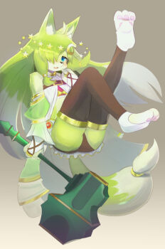 1girl animal_ears animal_feet animal_nose ass blue_eyes blush body_fur crescent crescent_hair_ornament flat_chest fox_ears fox_girl fox_tail full_body fullbokko_heroes furry furry_female gradient_background green_fur green_hair hair_ornament hair_over_one_eye hammer hati_(fullbokko_heroes) holding holding_hammer kyuuri24 long_hair looking_at_viewer open_mouth panties pantyshot simple_background solo tail third-party_source underwear very_long_hair weapon