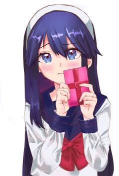 black_hair blue_eyes blush bow chocolate food gift hairband highres imminent_headpat long_hair looking_at_viewer loving_aura ribbon shy sweets tohno_akiha tsukihime valentine valentine_chocolate white_background white_hairband zzqel