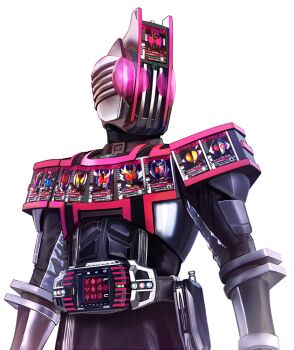 Rule 34 | 1boy, armor, belt, black bodysuit, bodysuit, card, complete form, compound eyes, decadriver, helmet, kamen rider, kamen rider agito, kamen rider agito (ground form), kamen rider dcd, kamen rider decade, kamen rider decade complete form, kamen rider den-o, kamen rider den-o (sword form), male focus, masukudo (hamamoto hikaru), multiple boys, pink armor, pink eyes, rider belt, rider card, solo, standing, tokusatsu