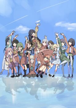 6+girls :d absurdres ahoge akisato_minaho ampere_(love_live!) anyoji_hime black_hair black_pantyhose black_ribbon blonde_hair blue_eyes blue_hair blue_sky blunt_bangs blunt_ends bob_cut brown_dress ceras_yanagida_lilienfeld cloud commentary day dress feathers fujishima_megumi gradient_hair green_eyes green_hair grey_hair hair_ornament hair_ribbon hairclip half_updo highres hinoshita_kaho jacket kachimachi_kosuzu katsuragi_izumi katsuragi_izumi_(winter_training_wear) link!_like!_love_live! long_hair love_live! medium_dress momose_ginko multi-tied_hair multicolored_hair multiple_girls multiple_seasonal_school_uniforms murano_sayaka murano_tsukasa neckerchief ogami_sachi open_clothes open_jacket open_mouth orange_jacket osawa_rurino otomune_kozue pantyhose parallel_hairclips pink_eyes pink_hair pleasure_feather_(love_live!) pleated_dress ponytail purple_hair red_neckerchief ribbon short_hair side_ponytail sky smile squatting summer_uniform twintails virtual_youtuber white_dress white_feathers winter_uniform yellow_eyes yugiri_tsuzuri