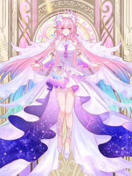 1girl bare_shoulders blue_hair breasts cyrene_(demiurge)_(honkai:_star_rail) cyrene_(honkai:_star_rail) detached_sleeves dress fingernails flower full_body gradient_hair hair_between_eyes highres honkai:_star_rail honkai_(series) large_breasts layered_dress long_hair looking_at_viewer multicolored_hair nail_polish parted_lips pink_hair pointy_ears purple_eyes shoes short_sleeves sleeveless sleeveless_dress solo tanemaki_monaka very_long_hair watermark white_dress white_flower white_shoes