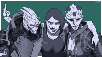 Rule 34 | 1girl, 2boys, arm around shoulder, commander shepard, commander shepard (female), drell, garrus vakarian, green background, mass effect (series), multiple boys, tank top, thane krios, tumblr, turian