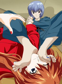 2girls armbar ayanami_rei barefoot blue_eyes blue_hair dougi feet foot_focus from_below indoors karate_gi long_hair lying martial_arts multiple_girls nail_polish neon_genesis_evangelion on_back red_hair short_hair souryuu_asuka_langley spread_toes toes trueshinobi01