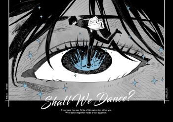 1boy 1other absurdres ankle_boots black_border blue_eyes boots border character_request closed_mouth collared_shirt copyright_request covered_eyes english_text eye_focus hair_between_eyes hair_over_eyes hands_in_pockets highres holding holding_jacket holding_unworn_clothes jacket looking_up neponeponepo0 pants puddle shirt short_hair short_sleeves smile sparkle splashing spot_color unworn_jacket walking wing_collar