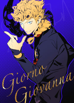 1boy 1other absurdres black_jacket blonde_hair blue_background blue_eyes braid braided_ponytail character_name commentary dated earrings giorno_giovanna gold_experience_requiem highres jacket jewelry jojo_no_kimyou_na_bouken ladybug_brooch long_hair long_sleeves looking_at_viewer male_focus parted_lips polka_dot polka_dot_background signature silhouette single_braid solo ssyoukyo_sori stud_earrings vento_aureo