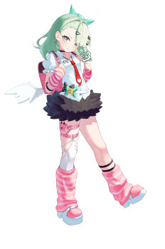 1girl absurdres arm_warmers bag bandaid bandaid_hair_ornament black_skirt closed_mouth commentary earrings full_body fur-trimmed_skirt fur_trim green_eyes green_hair hair_ornament hairclip heart heart_hair_ornament highres hyujjo jewelry leg_warmers long_hair looking_at_viewer multiple_hairclips musical_note_earrings necktie pink_arm_warmers pink_bag pink_leg_warmers red_necktie shirt skirt solo striped_arm_warmers striped_leg_warmers sunna_(zenless_zone_zero) white_shirt white_wings winged_bag wings zenless_zone_zero