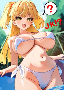 !? 1girl :d ? absurdres alternate_breast_size_(larger) areola_slip bare_arms bikini blonde_hair blunt_ends blush breasts chain-link_fence collarbone commentary_request covered_erect_nipples curvy day english_text fence hair_between_eyes highres idolmaster idolmaster_cinderella_girls idolmaster_cinderella_girls_starlight_stage jougasaki_rika large_breasts long_hair looking_at_viewer open_mouth outdoors pool satoyama_meu sky smile solo spoken_question_mark swimsuit tree two_side_up underboob wading white_bikini wide_hips yellow_eyes