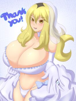 1girl :d bare_shoulders black_hair blonde_hair blue_bow blue_lips blush bow breasts bridal_veil choker cleavage collarbone colored_eyelashes curvy delinquent delinquent_(pokemon) elbow_gloves english_text eyelashes female_focus frills gloves groin hair_between_eyes highleg highleg_panties highres huge_breasts jcdr jewelry lipstick long_hair makeup multicolored_hair navel nintendo npc_trainer open_mouth panties poke_ball pokemon pokemon_oras premier_ball ring showgirl_skirt side-tie_panties skindentation smile solo sparkle standing strapless teeth text_focus thank_you thick_thighs thighs tongue top_pull tsurime tube_top two-tone_hair underwear veil wedding_band white_gloves white_panties wide_hips yellow_eyes