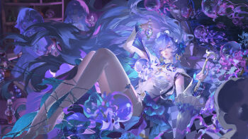 1girl absurdres age_comparison blue_eyes blue_flower blue_rose bottle breasts candlestand cantarella_(wuthering_waves) closed_umbrella dress earrings flower garter_straps hair_between_eyes hair_flower hair_ornament headdress high_heels highres holding holding_bottle holding_umbrella jellyfish jewelry large_breasts long_hair looking_at_object missing_commentary official_art parasol parted_lips plant purple_hair rose shoes shrug_(clothing) shuangbatian single_garter_strap single_thighhigh solo thighhighs thighs umbrella very_long_hair vines white_dress white_garter_straps white_shoes white_shrug white_thighhighs wuthering_waves
