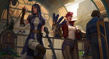 1boy 2girls against_railing arcane:_league_of_legends arcane_caitlyn arcane_vi ascot belt black_hair breasts caitlyn_(league_of_legends) cat fingerless_gloves gauntlets gloves gun highres indoors kolzura_art league_of_legends long_hair loris_(arcane) multiple_girls pink_hair plant potted_plant puffy_short_sleeves puffy_sleeves railing shield short_sleeves small_breasts thigh_strap vi_(league_of_legends) weapon white_ascot window